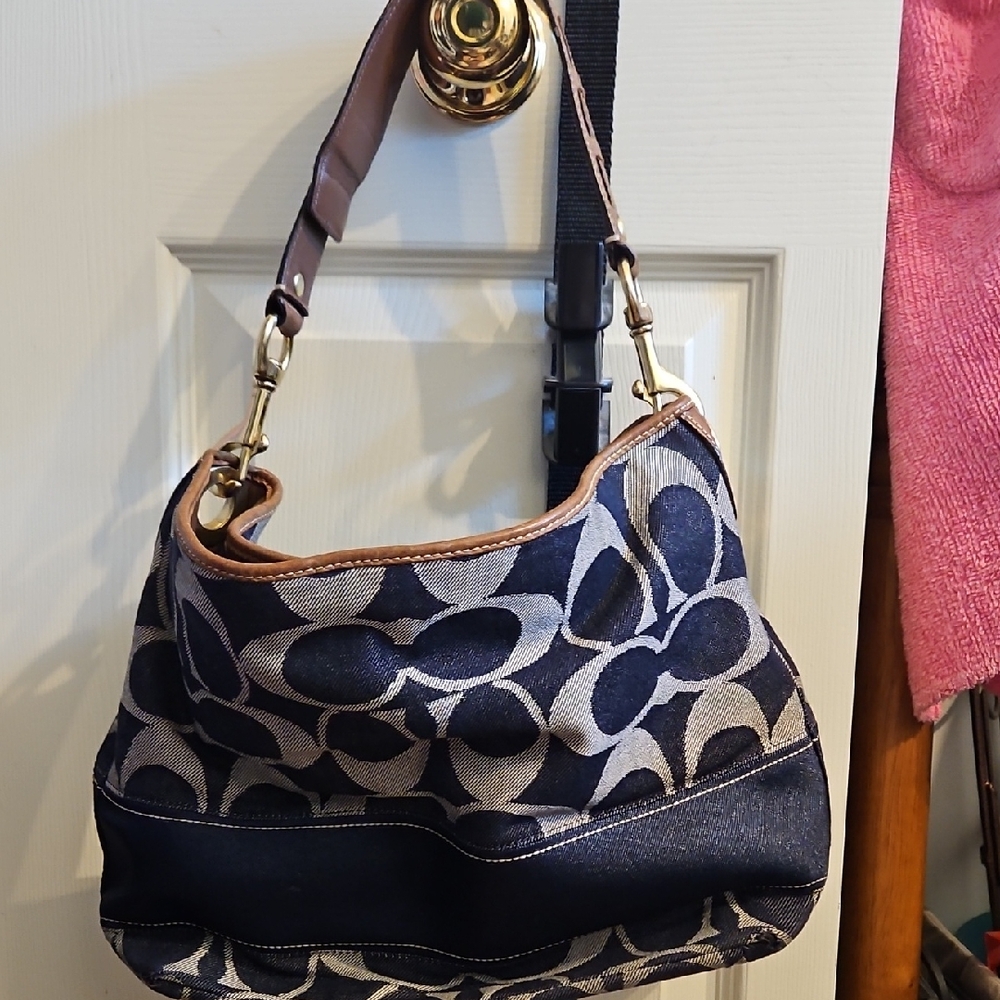 Coach Navy and Tan Signature Shoulder Bag